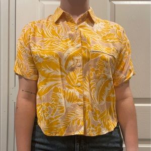 F21 Leafy Yellow Crop Top Button Up